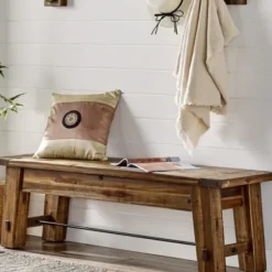 Dining Chairs-Kirkland's Home Honey Acacia Wood Rustic Metal Rod Dining Bench Brown/Black