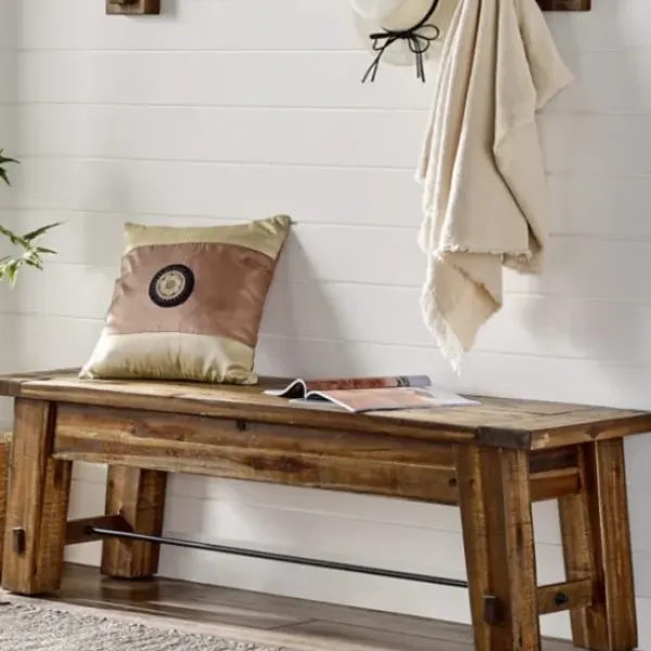 Dining Chairs-Kirkland's Home Honey Acacia Wood Rustic Metal Rod Dining Bench Brown/Black
