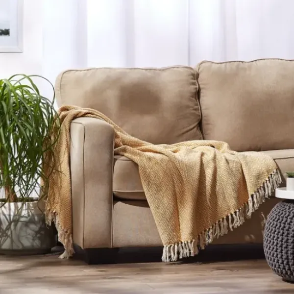 Blankets & Throws-Kirkland's Home Honey Diamond Fringe Throw Gold