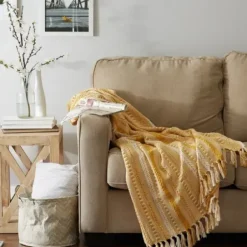 Blankets & Throws-Kirkland's Home Honey Gold Braided Fringe Throw Yellow
