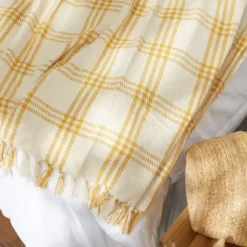 Blankets & Throws-Kirkland's Home Honey Gold Plaid Fringe Throw Yellow