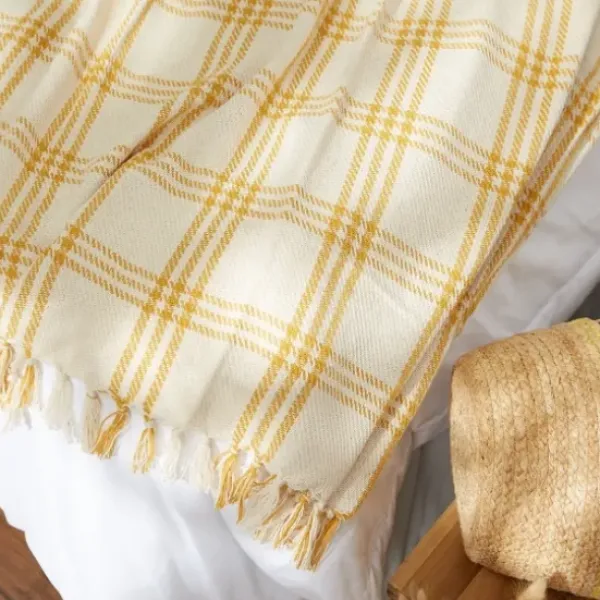 Blankets & Throws-Kirkland's Home Honey Gold Plaid Fringe Throw Yellow