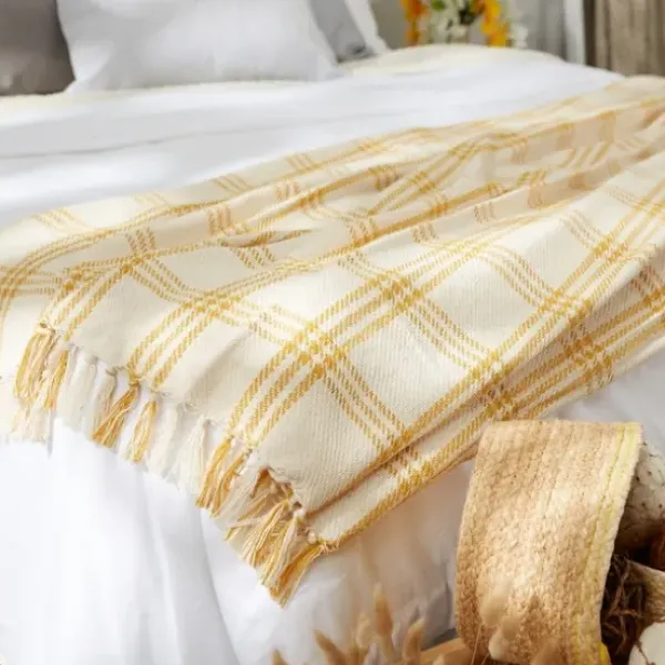 Blankets & Throws-Kirkland's Home Honey Gold Plaid Fringe Throw Yellow