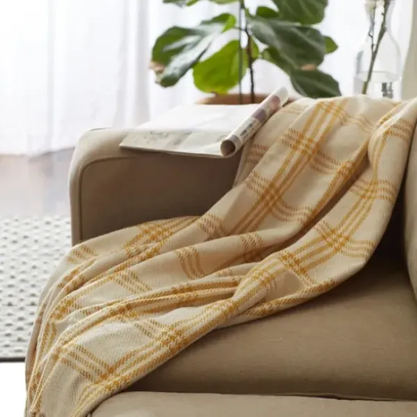 Blankets & Throws-Kirkland's Home Honey Gold Plaid Fringe Throw Yellow