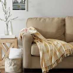 Blankets & Throws-Kirkland's Home Honey Gold Plaid Fringe Throw Yellow