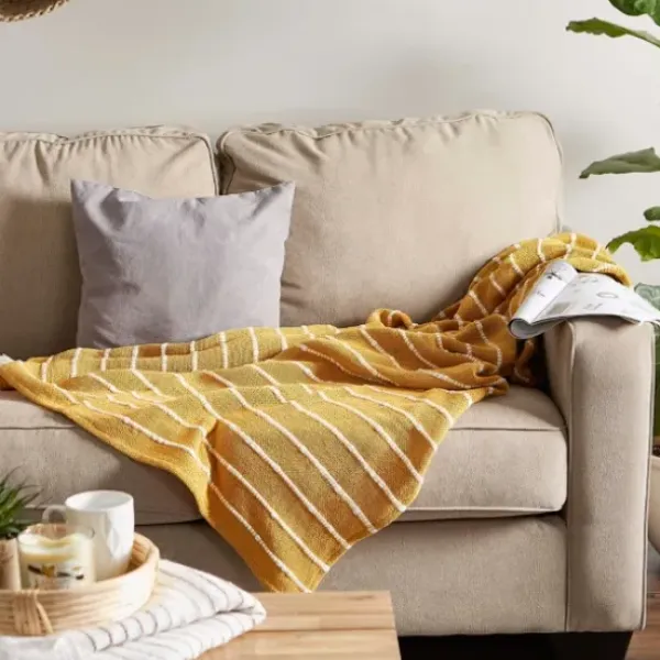 Blankets & Throws-Kirkland's Home Honey Gold Slub Stripe Decorative Throw Yellow