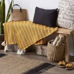 Blankets & Throws-Kirkland's Home Honey Gold Slub Stripe Decorative Throw Yellow