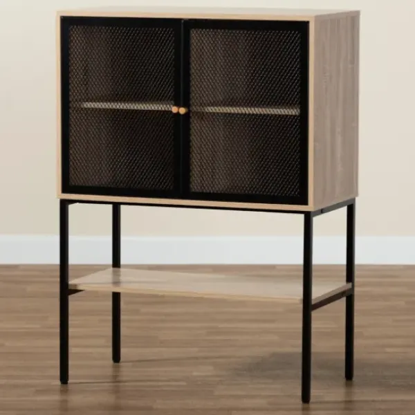 Cabinets & Sideboards-Kirkland's Home Honey Wood And Metal Mesh Cabinet Brown