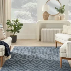 Outdoor Rugs-Kirkland's Home Ikat Coral Sea Blue Outdoor Area Rug, 5X7 White/Yellow/Blue