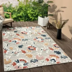 Outdoor Rugs-Kirkland's Home Ikat Coral White Sand Outdoor Area Rug, 5X7 White/Tan/Blue