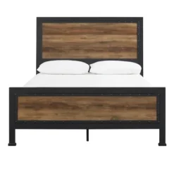 Beds & Headboards-Kirkland's Home Industrial Rustic Oak Queen Bed With Metal Frame Brown