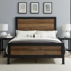 Beds & Headboards-Kirkland's Home Industrial Rustic Oak Queen Bed With Metal Frame Brown