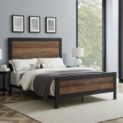 Beds & Headboards-Kirkland's Home Industrial Rustic Oak Queen Bed With Metal Frame Brown