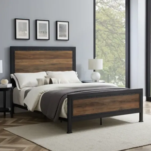 Beds & Headboards-Kirkland's Home Industrial Rustic Oak Queen Bed With Metal Frame Brown