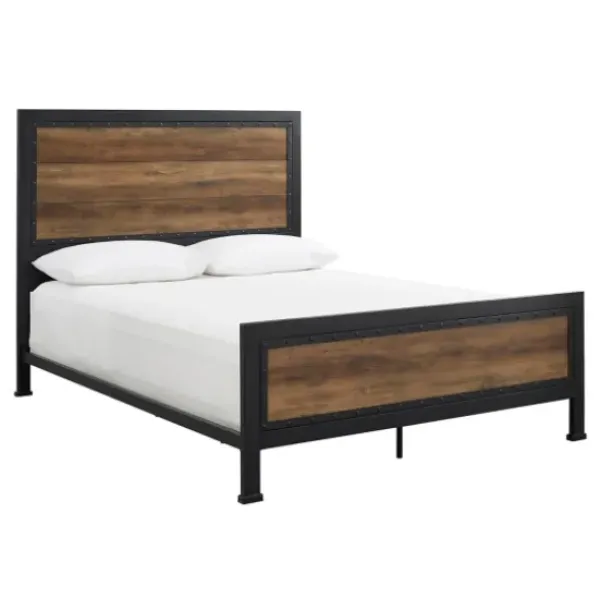 Beds & Headboards-Kirkland's Home Industrial Rustic Oak Queen Bed With Metal Frame Brown