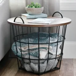 Accent & End Tables-Kirkland's Home Industrial Wire And Wood Basket Side Table Black