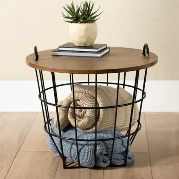 Accent & End Tables-Kirkland's Home Industrial Wire And Wood Basket Side Table Black