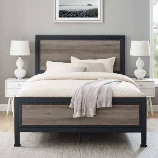 Beds & Headboards-Kirkland's Home Industrial Wood Queen Bed With Metal Frame Brown