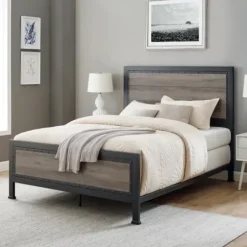 Beds & Headboards-Kirkland's Home Industrial Wood Queen Bed With Metal Frame Brown