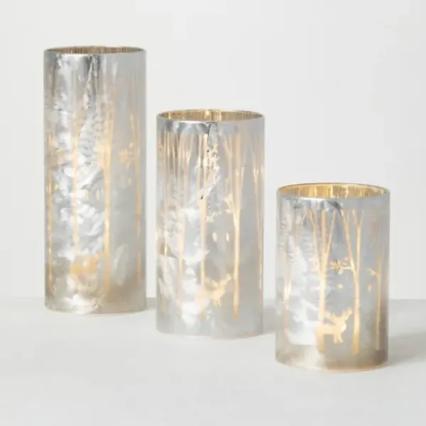 Candle Holders-Kirkland's Home Iridescent Reindeer Led Pillar Holders, Set Of 3 White/Silver