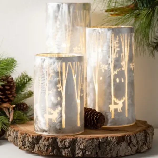Candle Holders-Kirkland's Home Iridescent Reindeer Led Pillar Holders, Set Of 3 White/Silver
