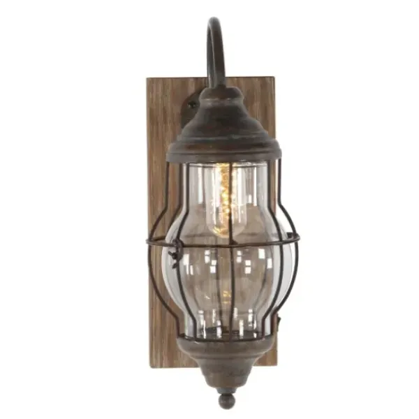 Sconces-Kirkland's Home Iron Glass Incased Wood Back Led Wall Sconce