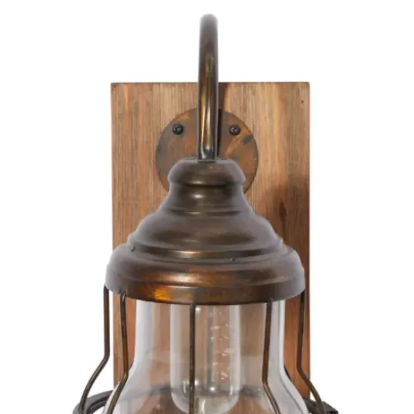 Sconces-Kirkland's Home Iron Glass Incased Wood Back Led Wall Sconce