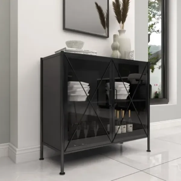 Cabinets & Sideboards-Kirkland's Home Iron X-Panel Cabinet Black
