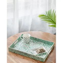 Decorative Trays-Kirkland's Home Ivory And Clover Mosaic Capiz Shell Tray, 15 In. Green/Ivory