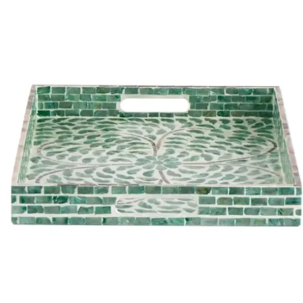 Decorative Trays-Kirkland's Home Ivory And Clover Mosaic Capiz Shell Tray, 15 In. Green/Ivory