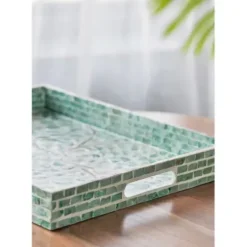 Decorative Trays-Kirkland's Home Ivory And Clover Mosaic Capiz Shell Tray, 15 In. Green/Ivory