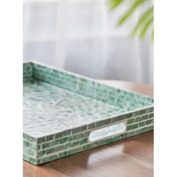 Decorative Trays-Kirkland's Home Ivory And Clover Mosaic Capiz Shell Tray, 15 In. Green/Ivory