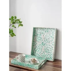 Decorative Trays-Kirkland's Home Ivory And Clover Mosaic Capiz Shell Tray, 15 In. Green/Ivory