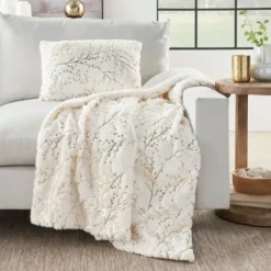 Blankets & Throws-Kirkland's Home Ivory And Gold Metallic Branches Throw Gold/Ivory