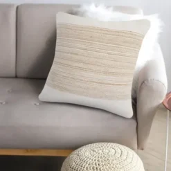 Pillows-Kirkland's Home Ivory Border Natural Close Woven Jute Pillow Ivory/Tan