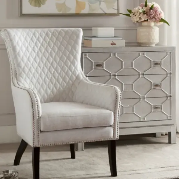 Accent Chairs-Kirkland's Home Ivory Lanea Quilted Accent Chair With Silver Studs White
