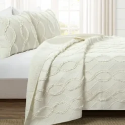 Quilts-Kirkland's Home Ivory Trellis Ruffles 3-Pc. King Quilt Set White