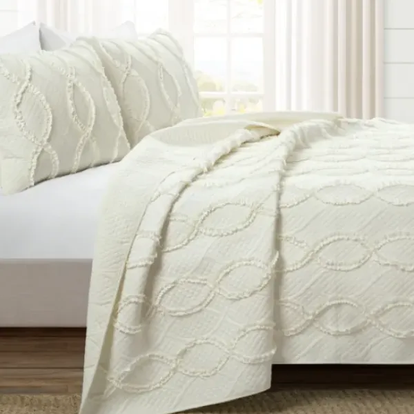 Quilts-Kirkland's Home Ivory Trellis Ruffles 3-Pc. King Quilt Set White