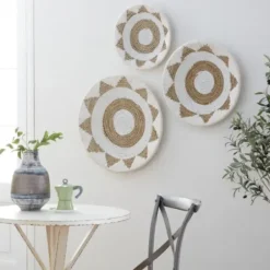 Wall Plaques-Kirkland's Home Ivory Woven Cotton Round 3-Pc. Wall Decoration White/Tan