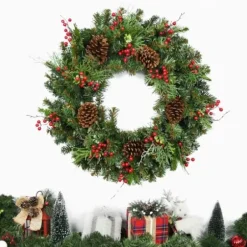 Wreaths-Kirkland's Home Jolly Pine Sprigs And Red Berries Wreath Green/Brown/Gold