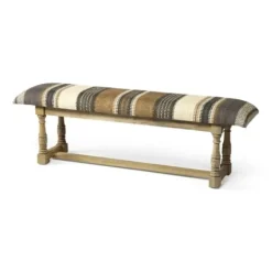Benches & Ottomans-Kirkland's Home Jute Striped Natural Wood Bench Brown/White/Gray