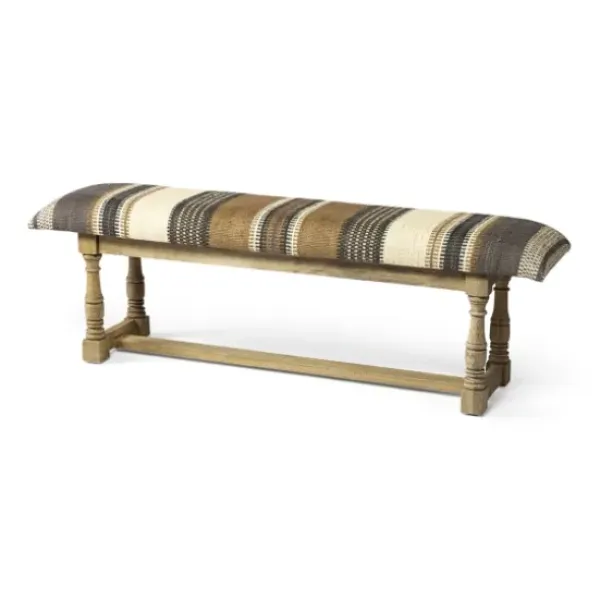 Benches & Ottomans-Kirkland's Home Jute Striped Natural Wood Bench Brown/White/Gray