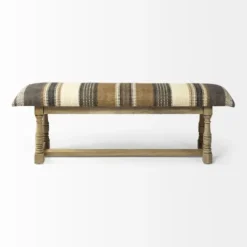 Benches & Ottomans-Kirkland's Home Jute Striped Natural Wood Bench Brown/White/Gray