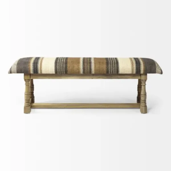 Benches & Ottomans-Kirkland's Home Jute Striped Natural Wood Bench Brown/White/Gray