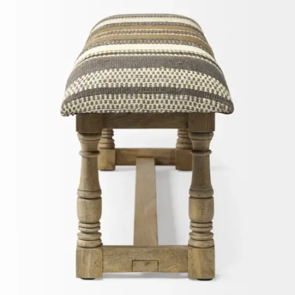 Benches & Ottomans-Kirkland's Home Jute Striped Natural Wood Bench Brown/White/Gray