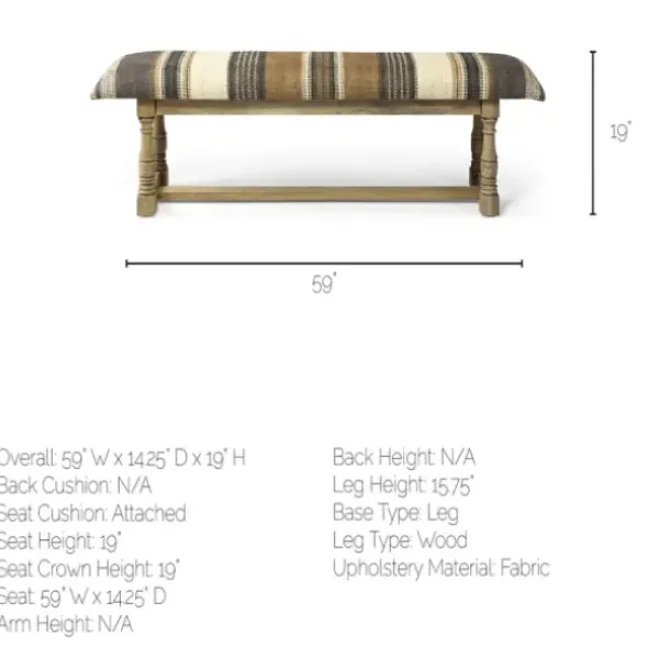 Benches & Ottomans-Kirkland's Home Jute Striped Natural Wood Bench Brown/White/Gray