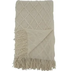 Blankets & Throws-Kirkland's Home Knitted Beige With Fringe Throw Blanket Tan