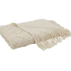 Blankets & Throws-Kirkland's Home Knitted Beige With Fringe Throw Blanket Tan