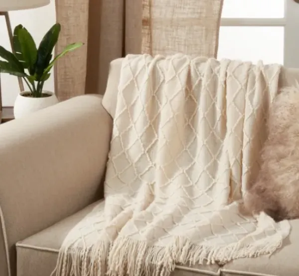 Blankets & Throws-Kirkland's Home Knitted Beige With Fringe Throw Blanket Tan
