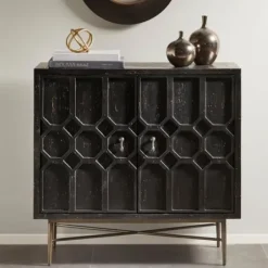 Cabinets & Sideboards-Kirkland's Home Laini Distressed Modern Carved Cabinet Black